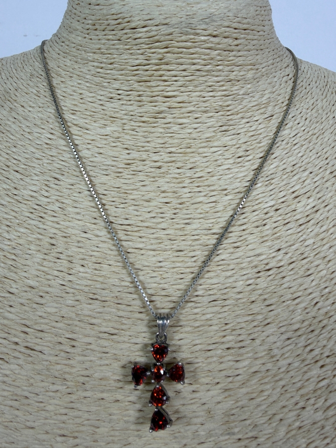 Just Added - 925 Sterling Silver Red Garnet Cross Pendant Box Chain Necklace, 16'L 6.0g [Photo 2]