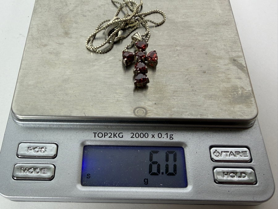 Just Added - 925 Sterling Silver Red Garnet Cross Pendant Box Chain Necklace, 16'L 6.0g [Photo 8]