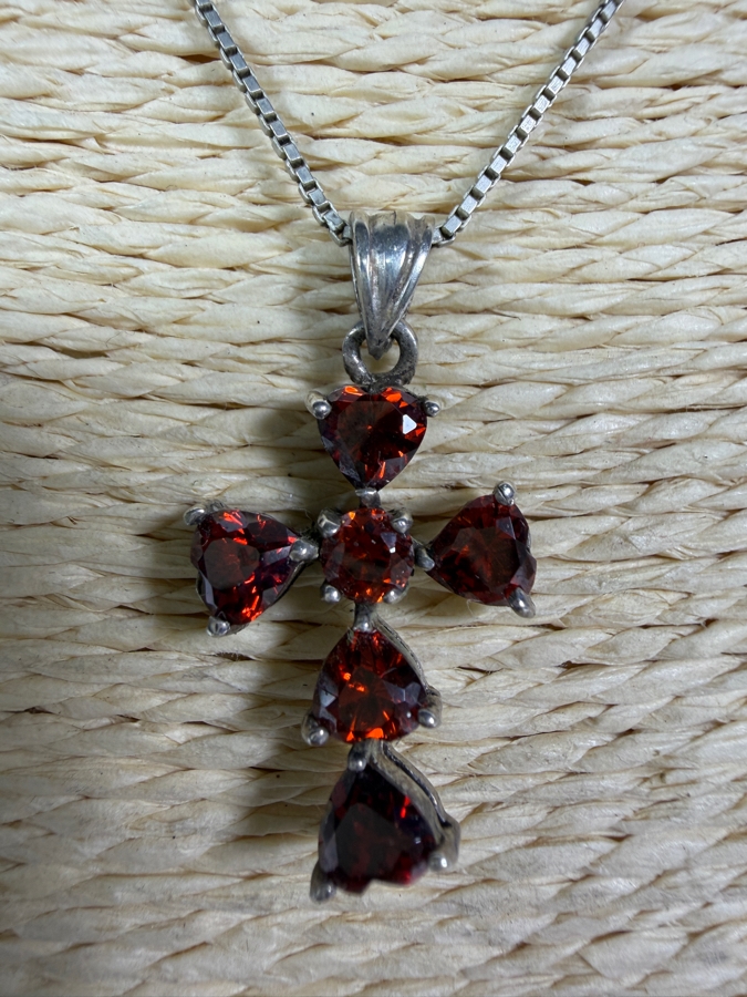 Just Added - 925 Sterling Silver Red Garnet Cross Pendant Box Chain Necklace, 16'L 6.0g [Photo 3]
