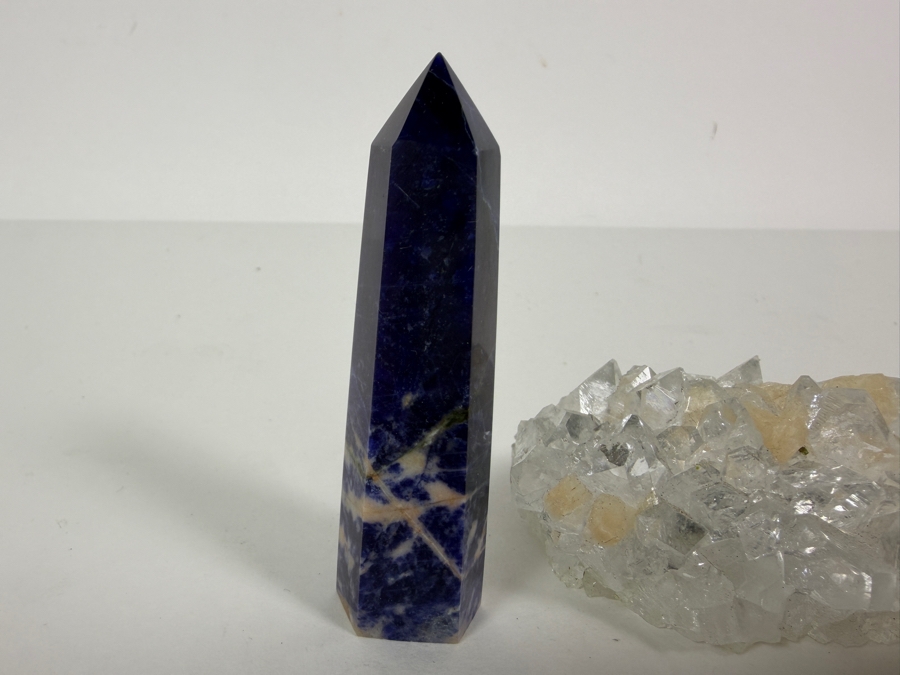 Just Added - Polished Blue Sodalite Six Sided Generator Point Crystal Standing Tower Specimen And Raw Natural Clear Cluster Crystal 3'H [Photo 5]