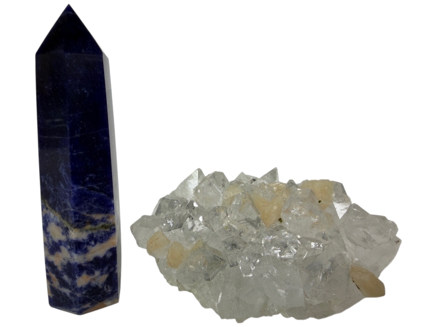 Just Added - Polished Blue Sodalite Six Sided Generator Point Crystal Standing Tower Specimen And Raw Natural Clear Cluster Crystal 3'H
