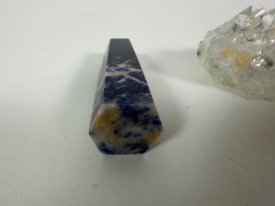 Just Added - Polished Blue Sodalite Six Sided Generator Point Crystal Standing Tower Specimen And Raw Natural Clear Cluster Crystal 3'H [Photo 6]
