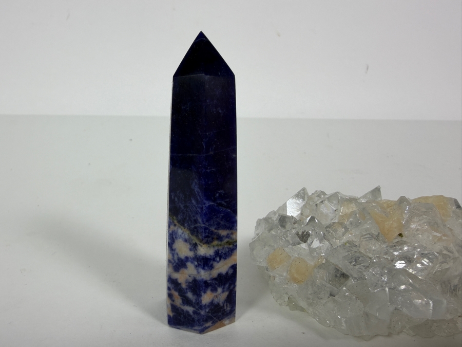Just Added - Polished Blue Sodalite Six Sided Generator Point Crystal Standing Tower Specimen And Raw Natural Clear Cluster Crystal 3'H [Photo 4]