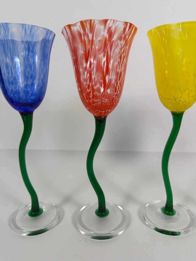 Just Added - Royal Danube RDZ5 Tulip Confetti Hand Blown Art Glass Wine Water Goblet 4 Piece Set, Blue Red Yellow Purple Speckled Flared Bowls Wavy Curvy Green Twisted Stem Barware Vintage [Photo 3]
