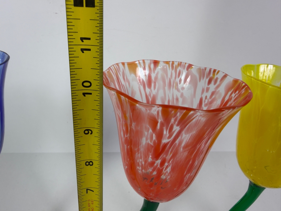 Just Added - Royal Danube RDZ5 Tulip Confetti Hand Blown Art Glass Wine Water Goblet 4 Piece Set, Blue Red Yellow Purple Speckled Flared Bowls Wavy Curvy Green Twisted Stem Barware Vintage [Photo 7]