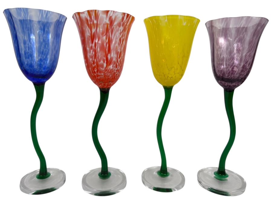 Just Added - Royal Danube RDZ5 Tulip Confetti Hand Blown Art Glass Wine Water Goblet 4 Piece Set, Blue Red Yellow Purple Speckled Flared Bowls Wavy Curvy Green Twisted Stem Barware Vintage