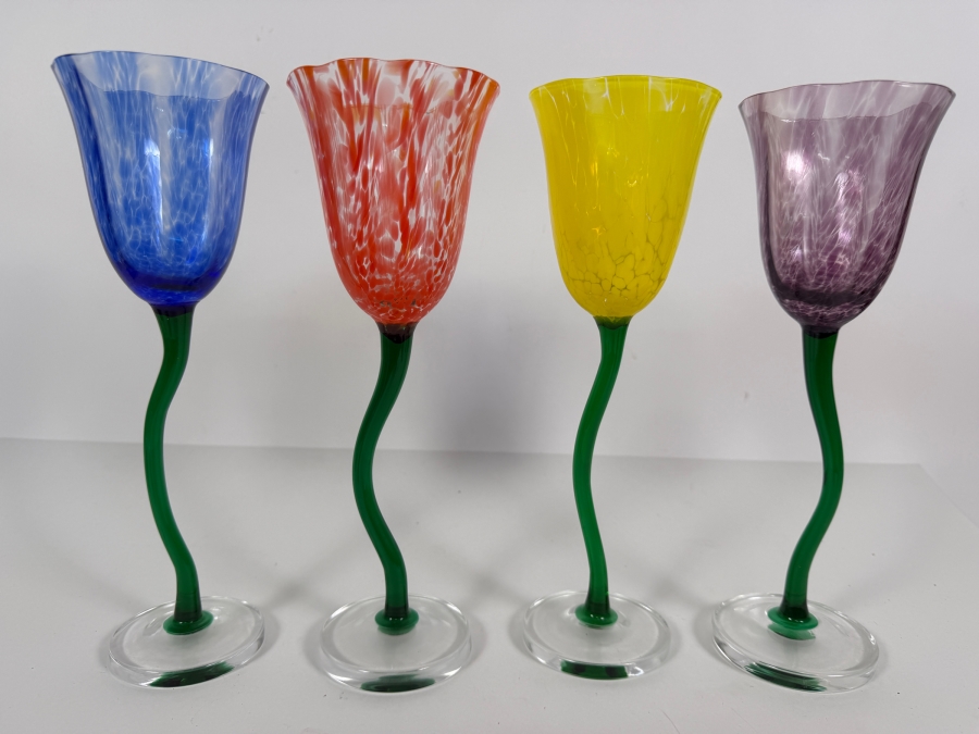 Just Added - Royal Danube RDZ5 Tulip Confetti Hand Blown Art Glass Wine Water Goblet 4 Piece Set, Blue Red Yellow Purple Speckled Flared Bowls Wavy Curvy Green Twisted Stem Barware Vintage [Photo 2]