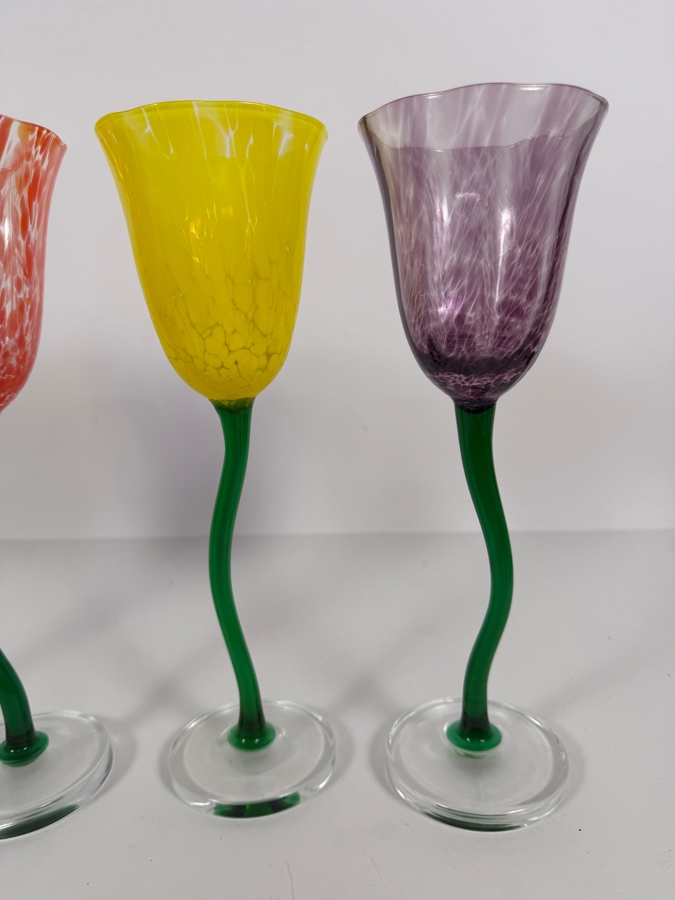 Just Added - Royal Danube RDZ5 Tulip Confetti Hand Blown Art Glass Wine Water Goblet 4 Piece Set, Blue Red Yellow Purple Speckled Flared Bowls Wavy Curvy Green Twisted Stem Barware Vintage [Photo 4]