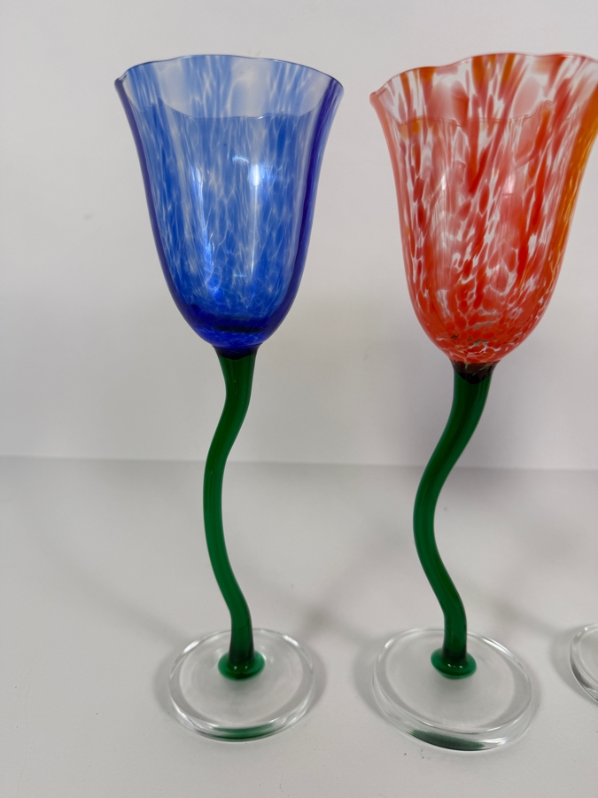 Just Added - Royal Danube RDZ5 Tulip Confetti Hand Blown Art Glass Wine Water Goblet 4 Piece Set, Blue Red Yellow Purple Speckled Flared Bowls Wavy Curvy Green Twisted Stem Barware Vintage [Photo 5]