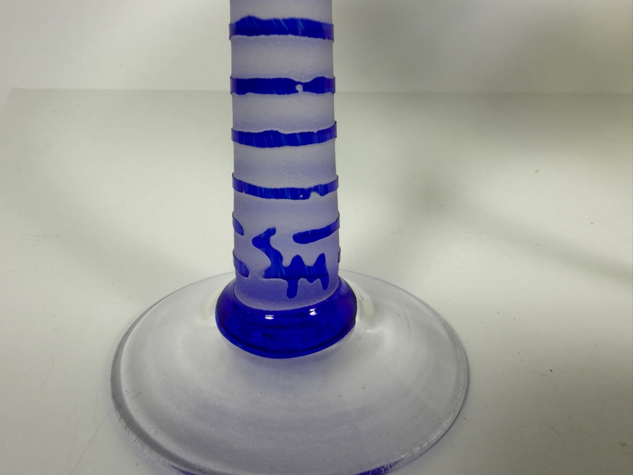 Just Added - Studio Artist Signed Handblown Frosted Glass Martini Cocktail Glasses Set Of 4, Blue Stripe, Green Geometric Diamond, Yellow Polka Dot, Abstract Circles Stemware Barware [Photo 3]