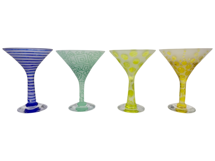 Just Added - Studio Artist Signed Handblown Frosted Glass Martini Cocktail Glasses Set Of 4, Blue Stripe, Green Geometric Diamond, Yellow Polka Dot, Abstract Circles Stemware Barware