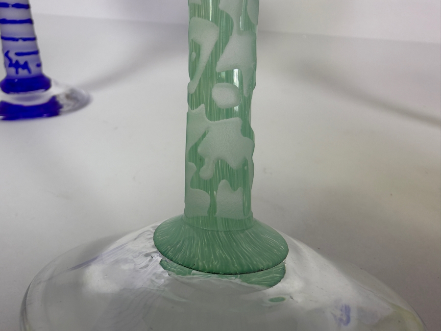 Just Added - Studio Artist Signed Handblown Frosted Glass Martini Cocktail Glasses Set Of 4, Blue Stripe, Green Geometric Diamond, Yellow Polka Dot, Abstract Circles Stemware Barware [Photo 8]