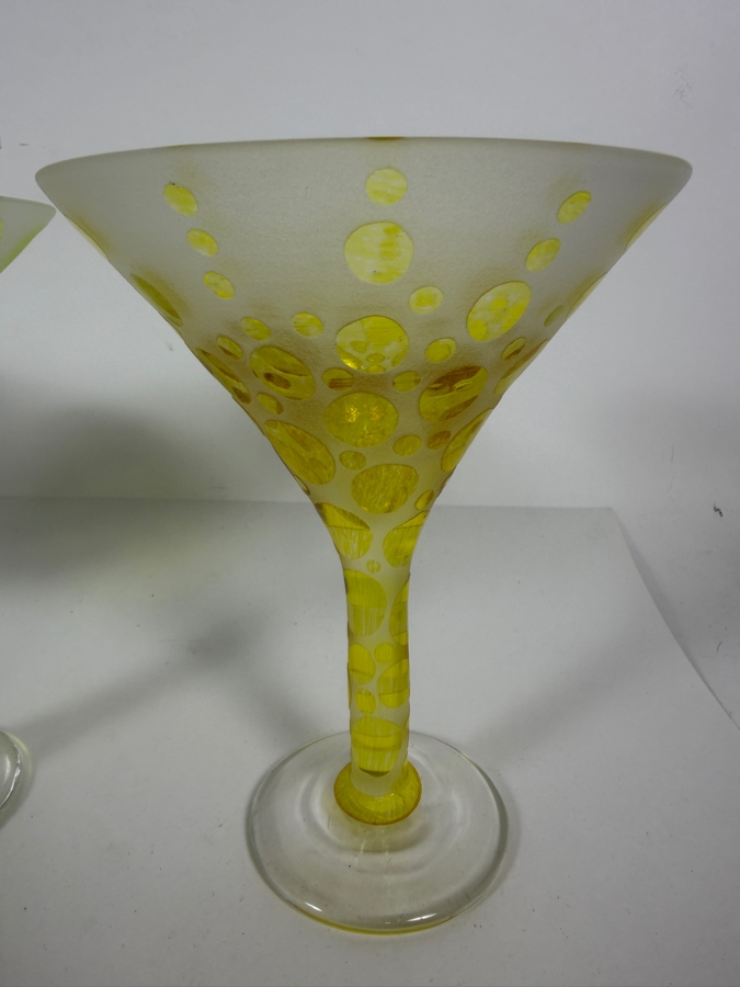 Just Added - Studio Artist Signed Handblown Frosted Glass Martini Cocktail Glasses Set Of 4, Blue Stripe, Green Geometric Diamond, Yellow Polka Dot, Abstract Circles Stemware Barware [Photo 6]