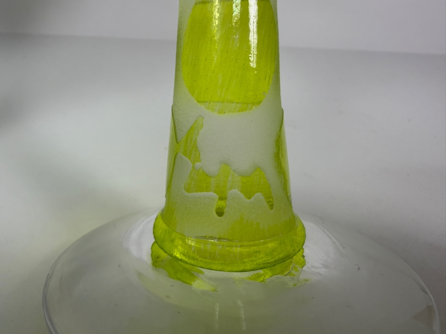 Just Added - Studio Artist Signed Handblown Frosted Glass Martini Cocktail Glasses Set Of 4, Blue Stripe, Green Geometric Diamond, Yellow Polka Dot, Abstract Circles Stemware Barware [Photo 7]