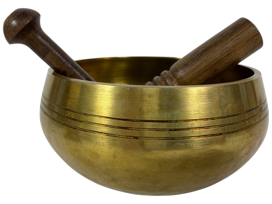 Just Added - Handmade Tibetan Singing Bowl Brass Bronze Bell, 2 Piece Wooden Striker Mallet Pestle Set 5.25'W