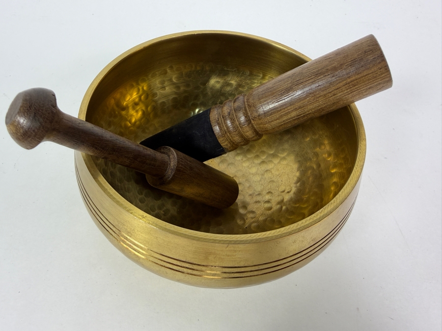 Just Added - Handmade Tibetan Singing Bowl Brass Bronze Bell, 2 Piece Wooden Striker Mallet Pestle Set 5.25'W [Photo 3]