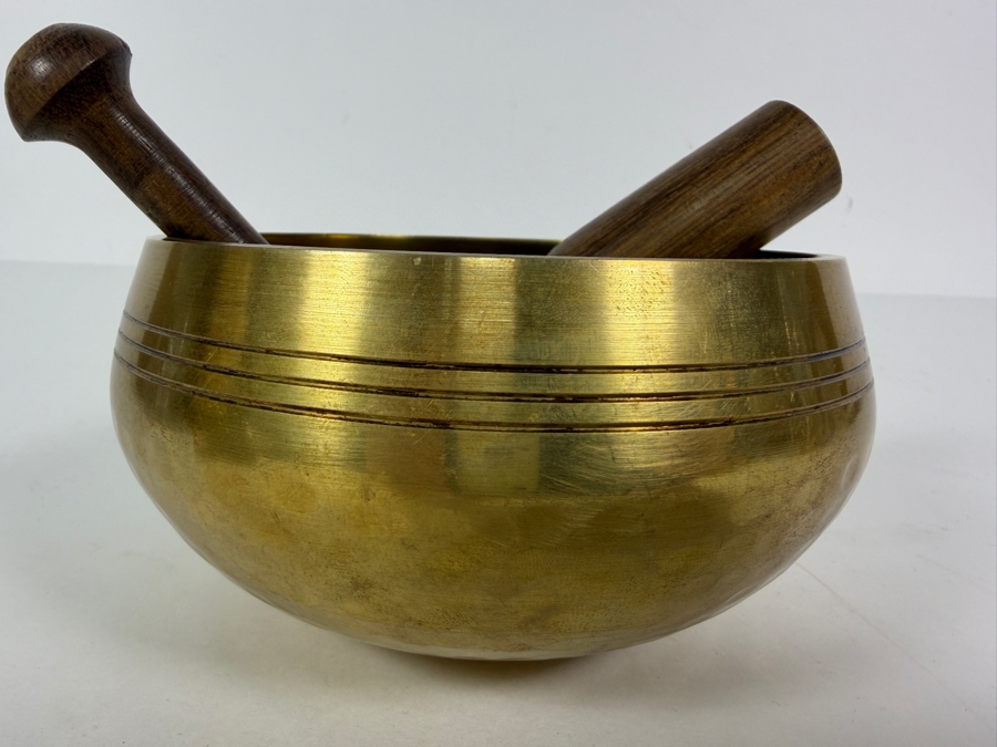 Just Added - Handmade Tibetan Singing Bowl Brass Bronze Bell, 2 Piece Wooden Striker Mallet Pestle Set 5.25'W [Photo 2]