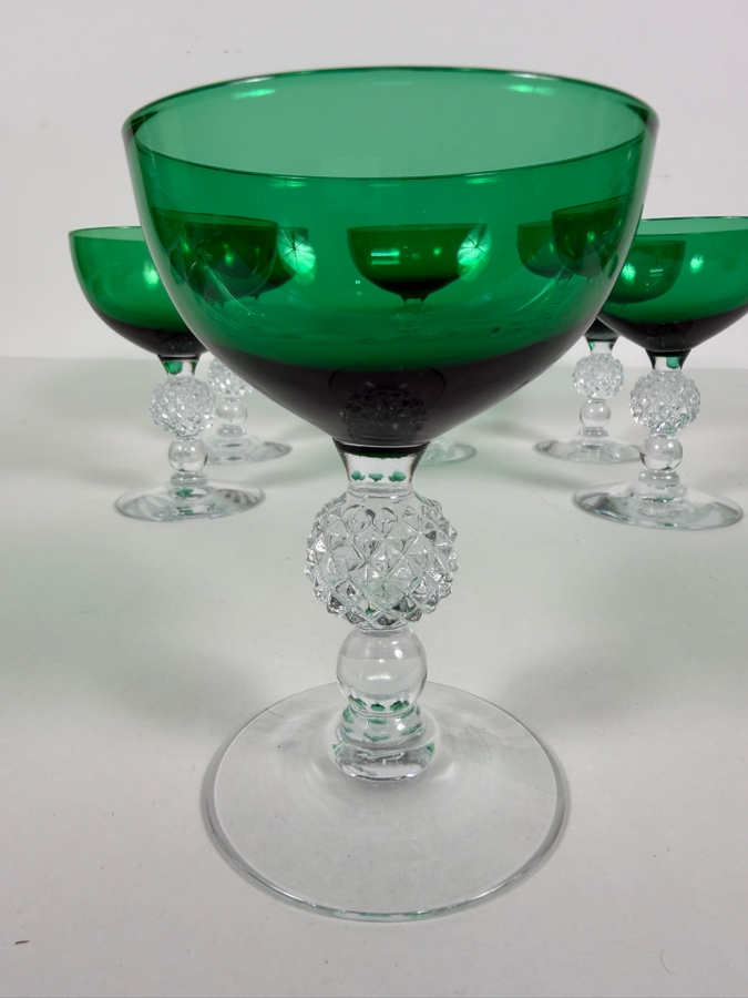 Just Added - Vintage Morgantown Glass Golf Ball Stem Venetian Stiegel Green Clear Crystal Cocktail Goblet Glasses Set Of (6) 5'H [Photo 3]