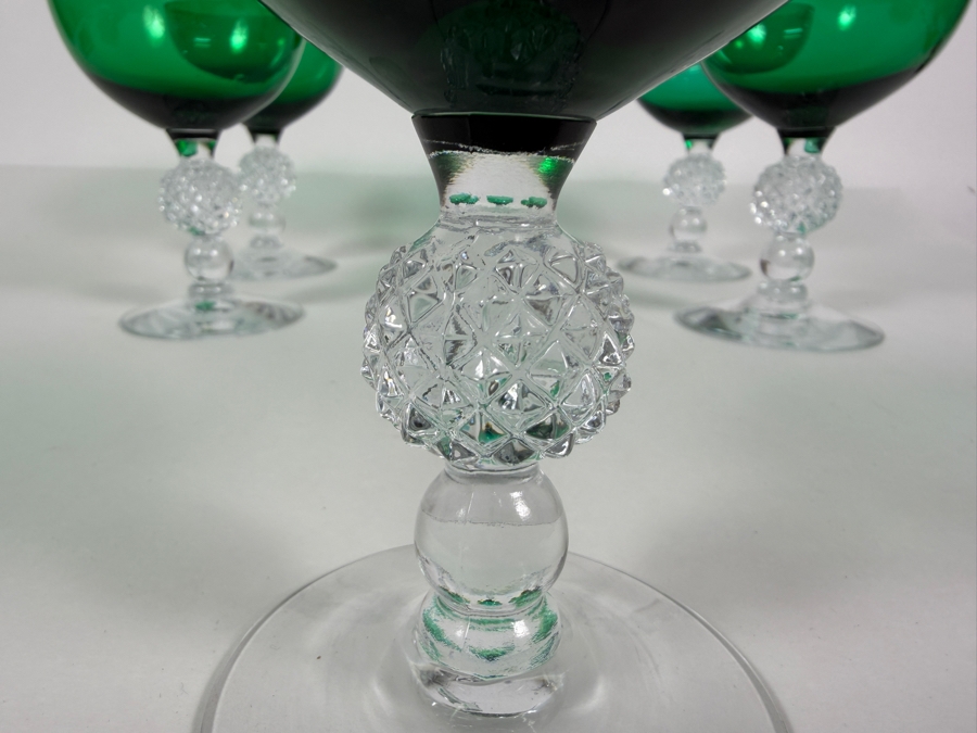 Just Added - Vintage Morgantown Glass Golf Ball Stem Venetian Stiegel Green Clear Crystal Cocktail Goblet Glasses Set Of (6) 5'H [Photo 4]
