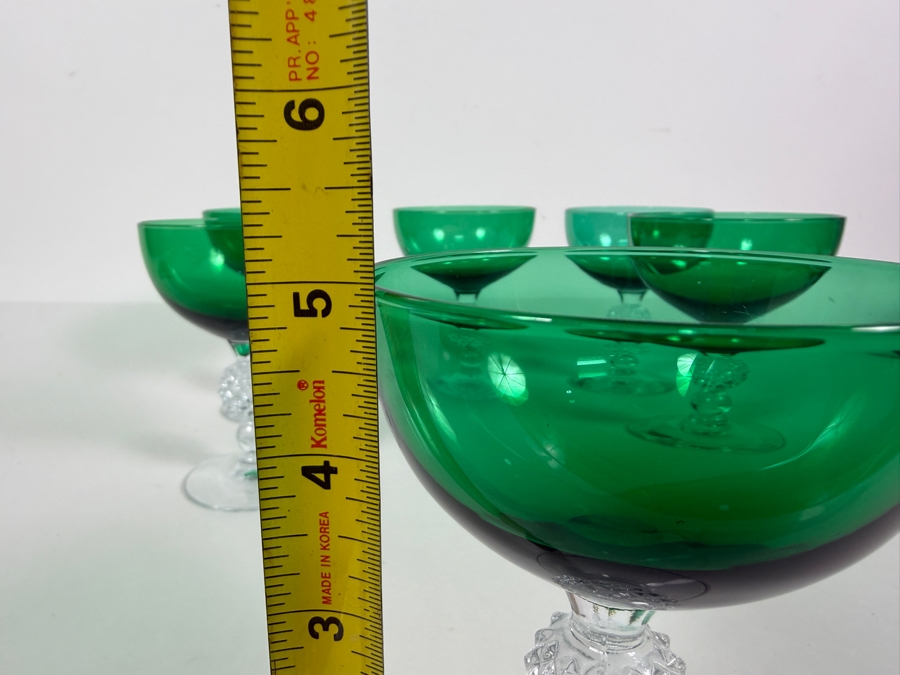 Just Added - Vintage Morgantown Glass Golf Ball Stem Venetian Stiegel Green Clear Crystal Cocktail Goblet Glasses Set Of (6) 5'H [Photo 5]