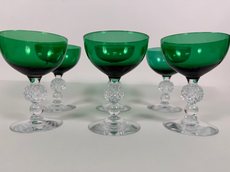 Just Added - Vintage Morgantown Glass Golf Ball Stem Venetian Stiegel Green Clear Crystal Cocktail Goblet Glasses Set Of (6) 5'H [Photo 2]
