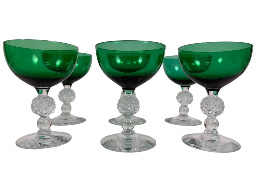 Just Added - Vintage Morgantown Glass Golf Ball Stem Venetian Stiegel Green Clear Crystal Cocktail Goblet Glasses Set Of (6) 5'H