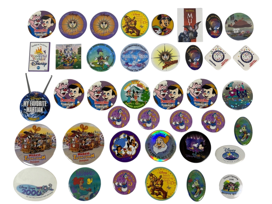 Just Added - Huge Disney Theme Park Store Cast Member Collector Button Pin Big Lot Of 41, Pinocchio Character Dining, Earth Day, Mickey Toontown, Disneyland 45th Anniversary And More