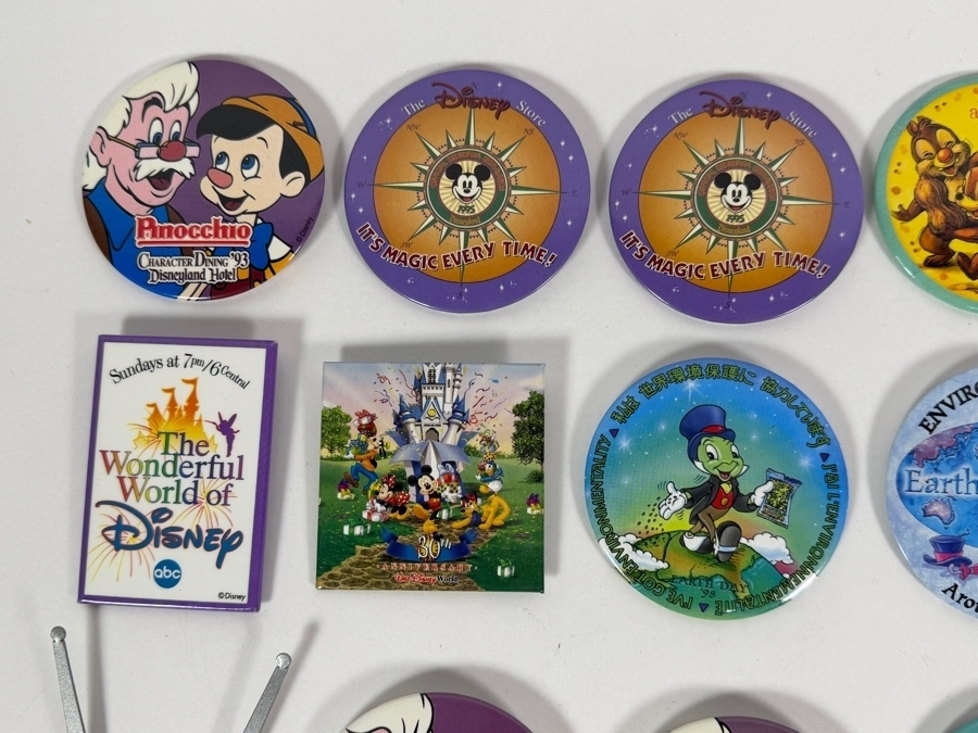 Just Added - Huge Disney Theme Park Store Cast Member Collector Button Pin Big Lot Of 41, Pinocchio Character Dining, Earth Day, Mickey Toontown, Disneyland 45th Anniversary And More [Photo 2]