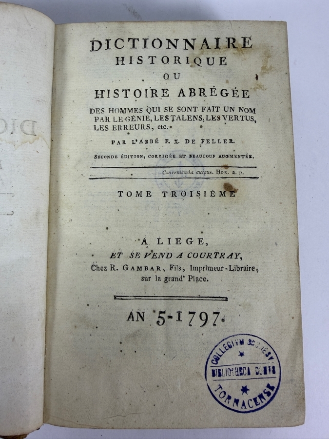 Just Added - Antique 1797 Dictionnaire Historique Ou Histoire Abregee Tome Troisieme Abbé FX De Feller Courtray R Gambar Antique French Biography Dictionary Leather Bound Book [Photo 7]