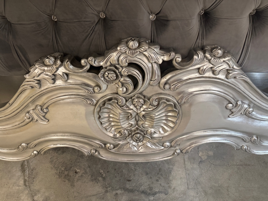 Just Added - Royal French Rococo Baroque Style Silver Leaf Solid Wood King Bed Headboard With Button Tufted Grey Velvet Upholstered Camelback Headboard And Footboard [Photo 12]