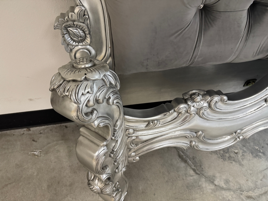 Just Added - Royal French Rococo Baroque Style Silver Leaf Solid Wood King Bed Headboard With Button Tufted Grey Velvet Upholstered Camelback Headboard And Footboard [Photo 13]