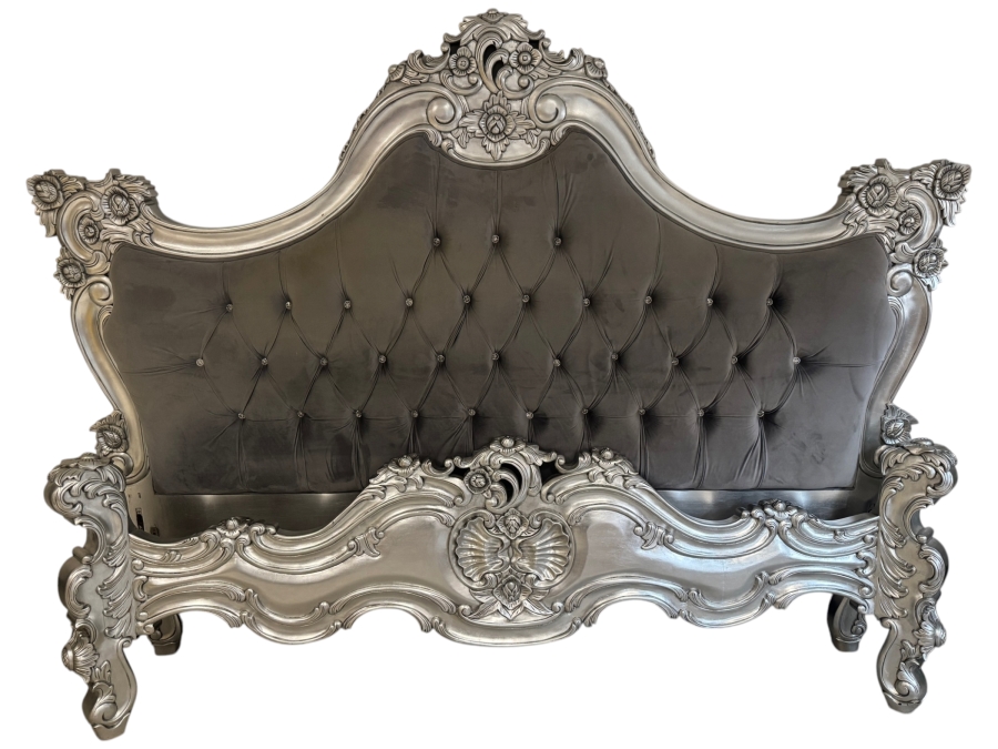 Just Added - Royal French Rococo Baroque Style Silver Leaf Solid Wood King Bed Headboard With Button Tufted Grey Velvet Upholstered Camelback Headboard And Footboard