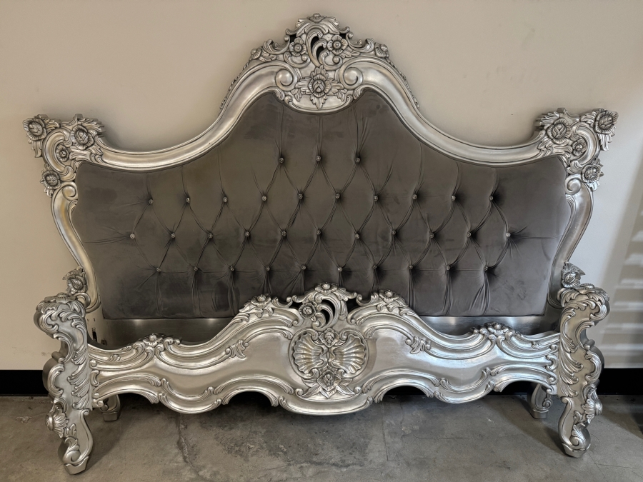 Just Added - Royal French Rococo Baroque Style Silver Leaf Solid Wood King Bed Headboard With Button Tufted Grey Velvet Upholstered Camelback Headboard And Footboard [Photo 5]
