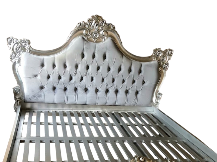Just Added - Royal French Rococo Baroque Style Silver Leaf Solid Wood King Bed Headboard With Button Tufted Grey Velvet Upholstered Camelback Headboard And Footboard [Photo 2]
