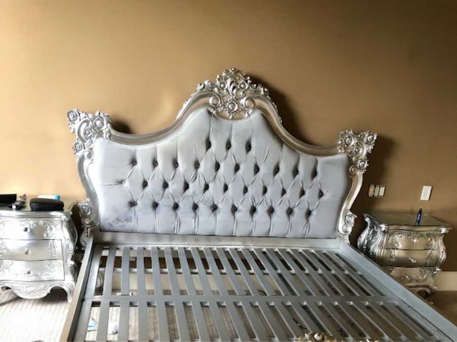 Just Added - Royal French Rococo Baroque Style Silver Leaf Solid Wood King Bed Headboard With Button Tufted Grey Velvet Upholstered Camelback Headboard And Footboard [Photo 3]