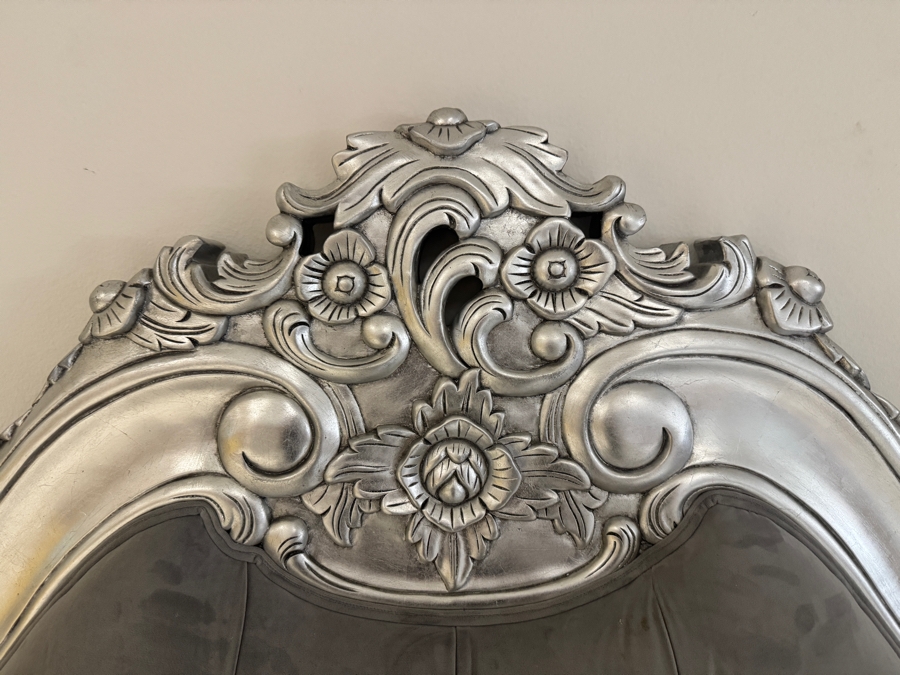 Just Added - Royal French Rococo Baroque Style Silver Leaf Solid Wood King Bed Headboard With Button Tufted Grey Velvet Upholstered Camelback Headboard And Footboard [Photo 8]