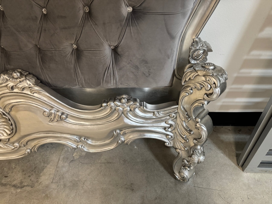 Just Added - Royal French Rococo Baroque Style Silver Leaf Solid Wood King Bed Headboard With Button Tufted Grey Velvet Upholstered Camelback Headboard And Footboard [Photo 11]