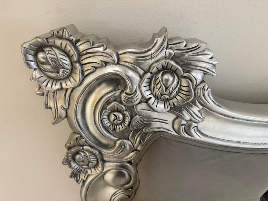 Just Added - Royal French Rococo Baroque Style Silver Leaf Solid Wood King Bed Headboard With Button Tufted Grey Velvet Upholstered Camelback Headboard And Footboard [Photo 7]
