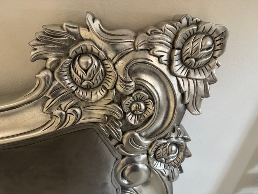 Just Added - Royal French Rococo Baroque Style Silver Leaf Solid Wood King Bed Headboard With Button Tufted Grey Velvet Upholstered Camelback Headboard And Footboard [Photo 10]