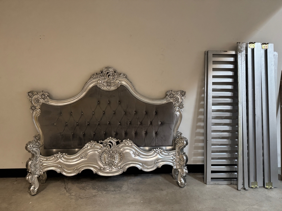 Just Added - Royal French Rococo Baroque Style Silver Leaf Solid Wood King Bed Headboard With Button Tufted Grey Velvet Upholstered Camelback Headboard And Footboard [Photo 6]