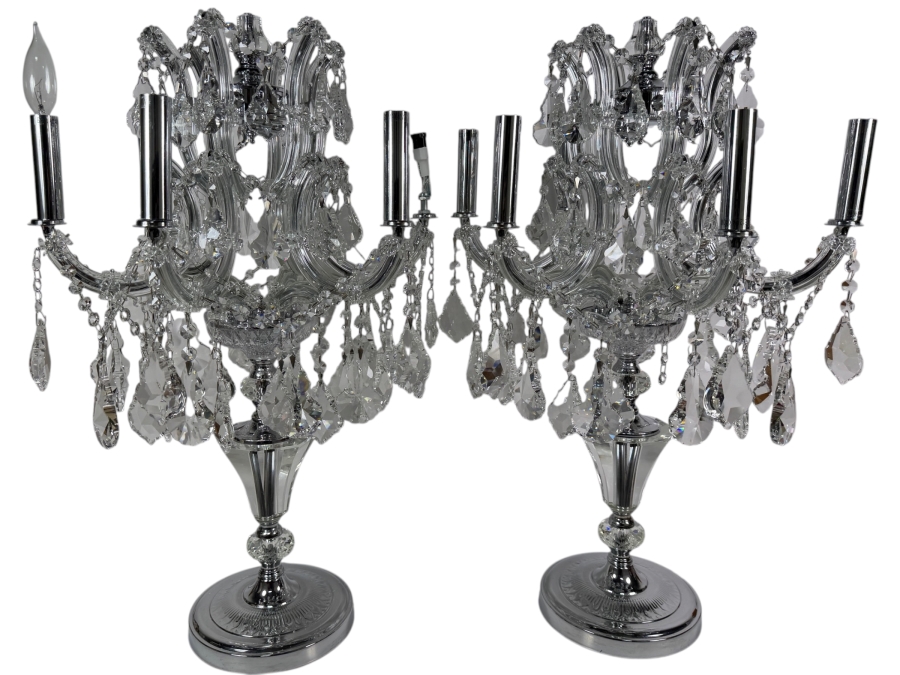 Just Added - Luxury Schonbek Style Crystal Candelabra Table Lamps Matched Pair, Missing One Candle Sleeve And Both Finials Substantial Lamps - Weigh About 25lbs Each 29'H