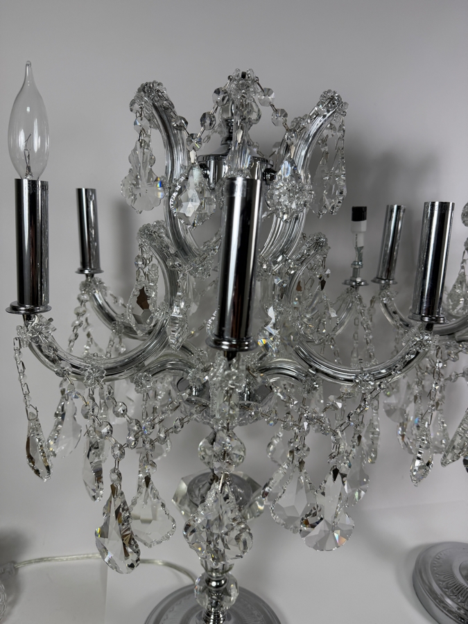 Just Added - Luxury Schonbek Style Crystal Candelabra Table Lamps Matched Pair, Missing One Candle Sleeve And Both Finials Substantial Lamps - Weigh About 25lbs Each 29'H [Photo 2]