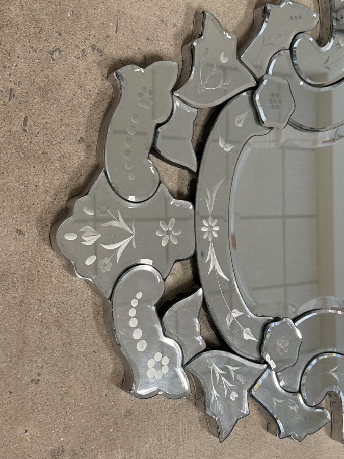 Just Added - Vintage Italian Venetian Style Etched Glass Scroll Crested Shield Wall Mirror 27'W X 44'H [Photo 2]