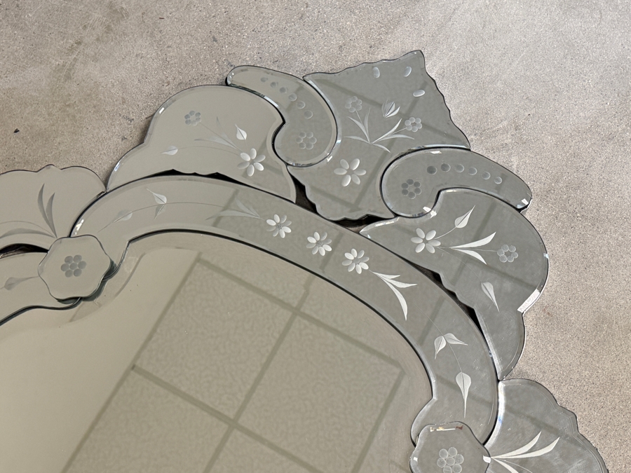 Just Added - Vintage Italian Venetian Style Etched Glass Scroll Crested Shield Wall Mirror 27'W X 44'H [Photo 3]