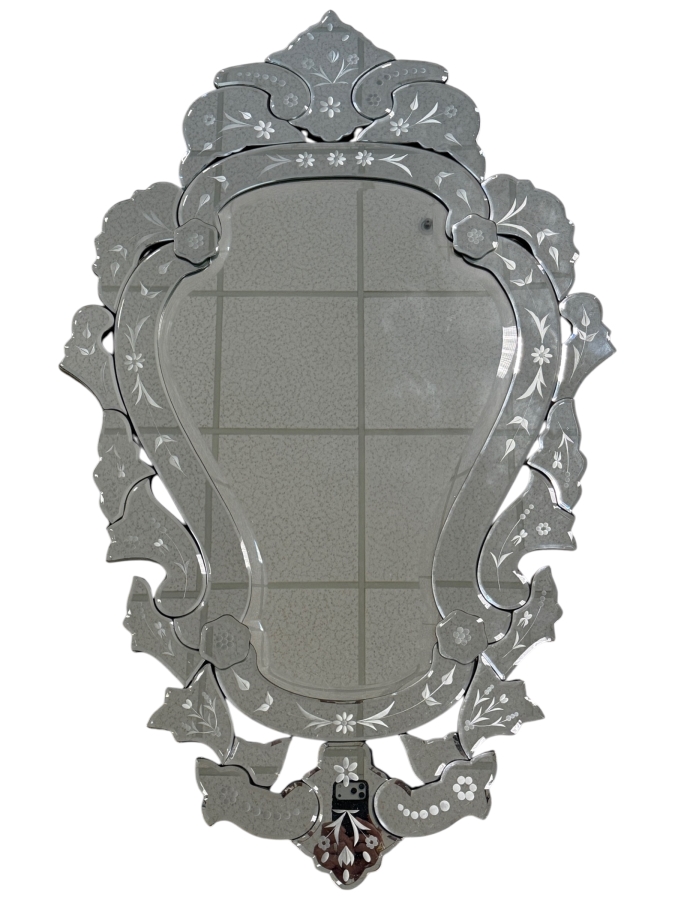 Just Added - Vintage Italian Venetian Style Etched Glass Scroll Crested Shield Wall Mirror 27'W X 44'H