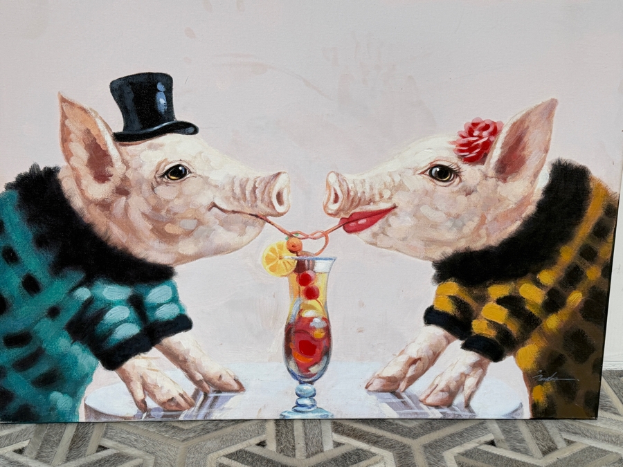 Just Added - Whimsical Two Pigs Sharing Cocktail Canvas Print 40' X 40' [Photo 3]