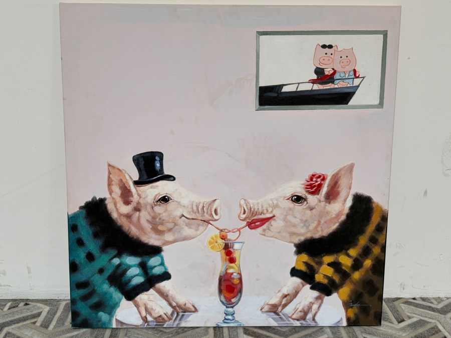 Just Added - Whimsical Two Pigs Sharing Cocktail Canvas Print 40' X 40' [Photo 2]