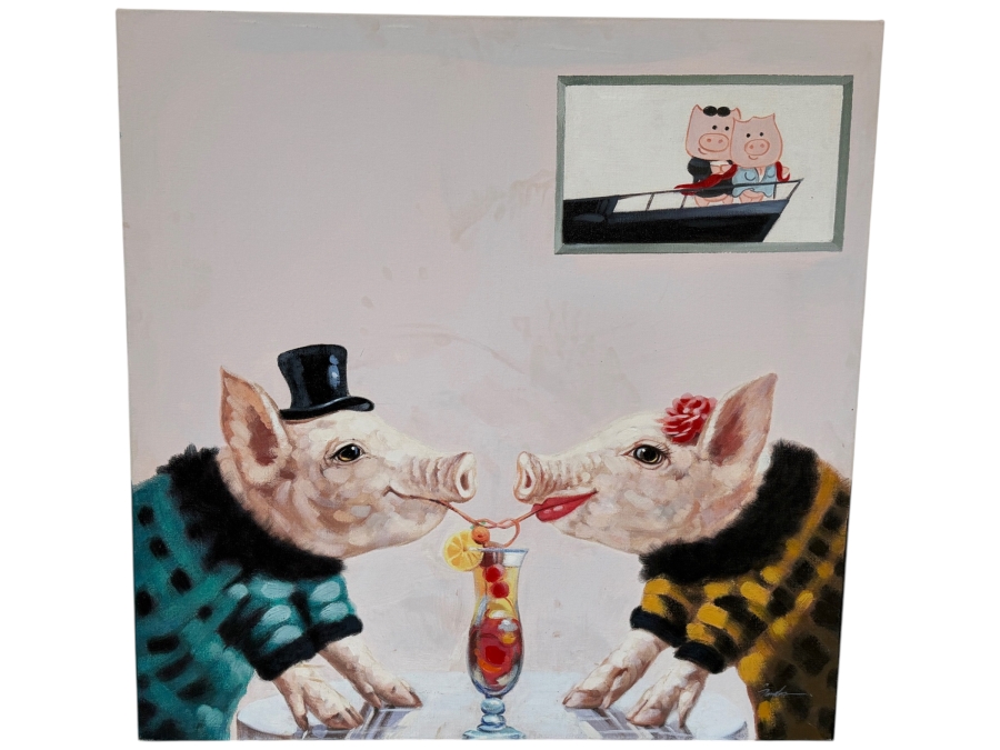 Just Added - Whimsical Two Pigs Sharing Cocktail Canvas Print 40' X 40'