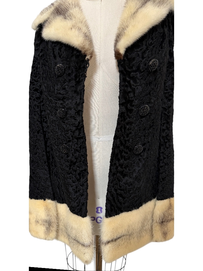 Just Added - Graf's Furs La Jolla Vintage Black Persian Lamb And Blonde Cross Mink Trim Car Coat 32'L