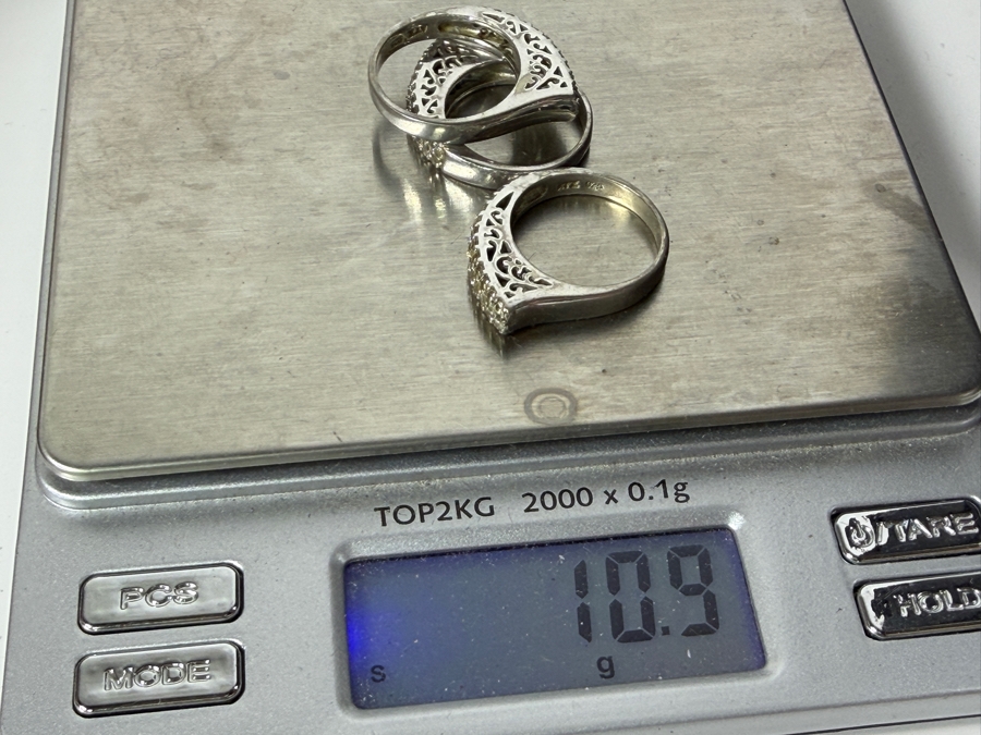 Just Added - (3) Pavé Cubic Zirconia Filigree Cutout Sterling Silver Rings Size 6.5 10.9g [Photo 7]